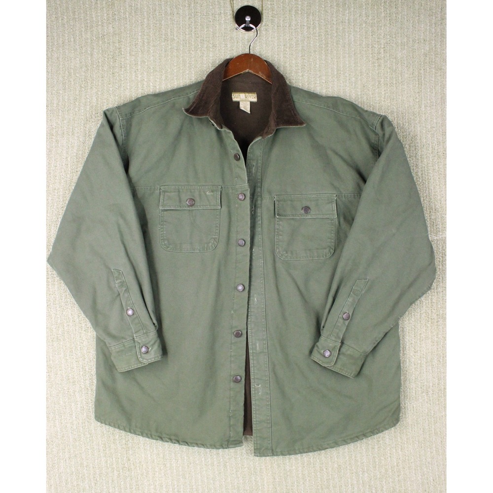 Gorpcore Vintage Green Canvas Fleece Lined Shirt Jacket Corduroy Collar Mens XL